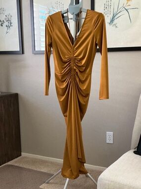 Veronica Beard Long-Sleeve Ruched Maxi Dress in Mustard